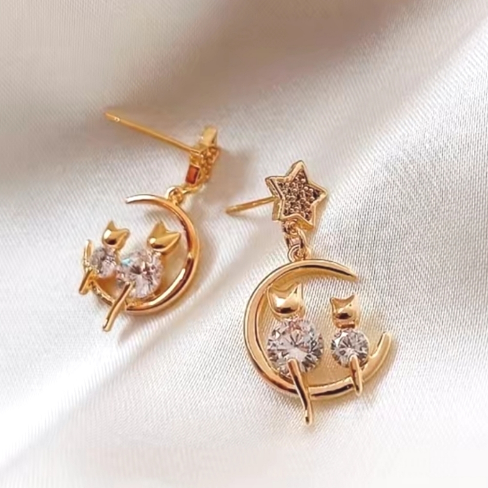 Cat on the moon golden earrings with Silver 925 posts, rhinestones and crystals